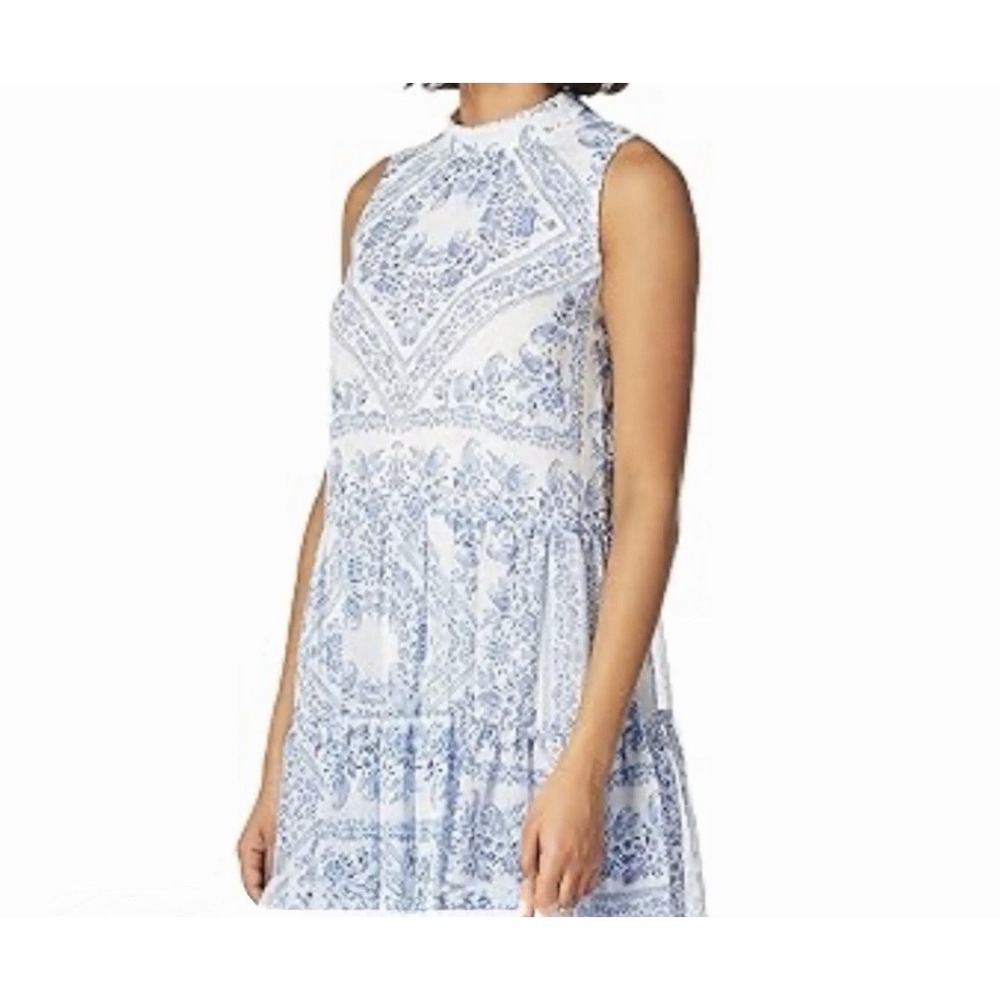 Calvin Klein Dress Women Sz 8 Floral Paisley Bow Sleeveless High Neck Blue White
